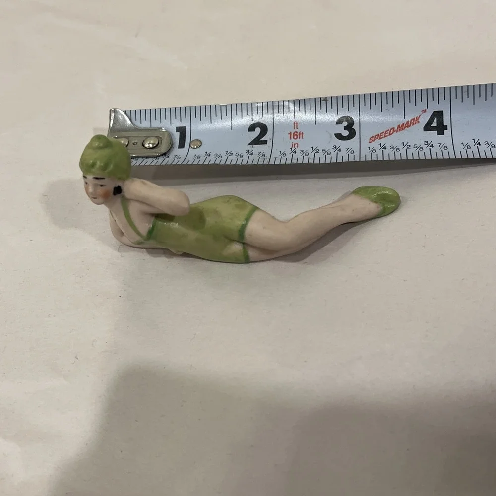 Antique German Art Deco Bisque Bathing Beauty Green Suit Cap Laying Germany 5684